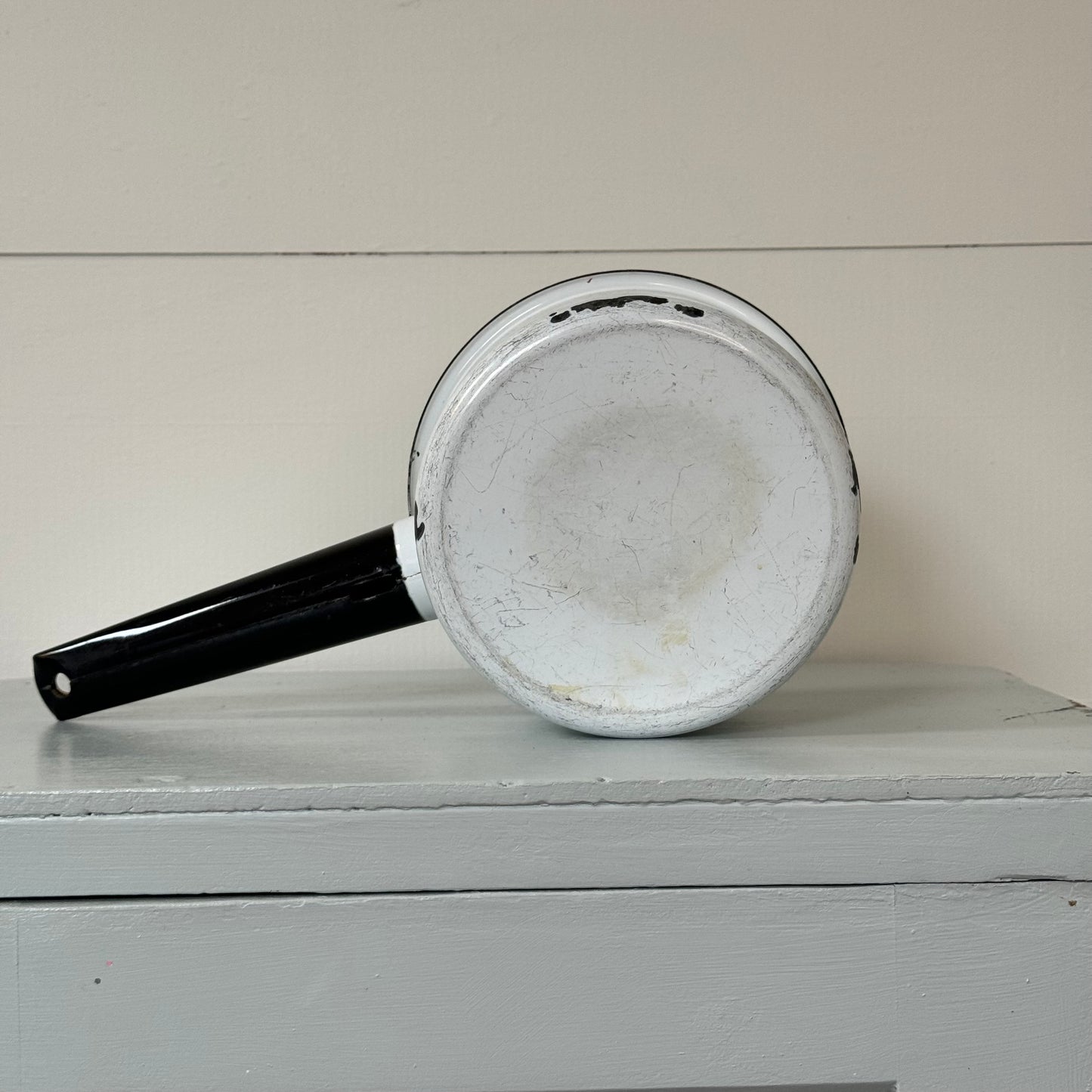 Vintage White and Black Enamel Pot