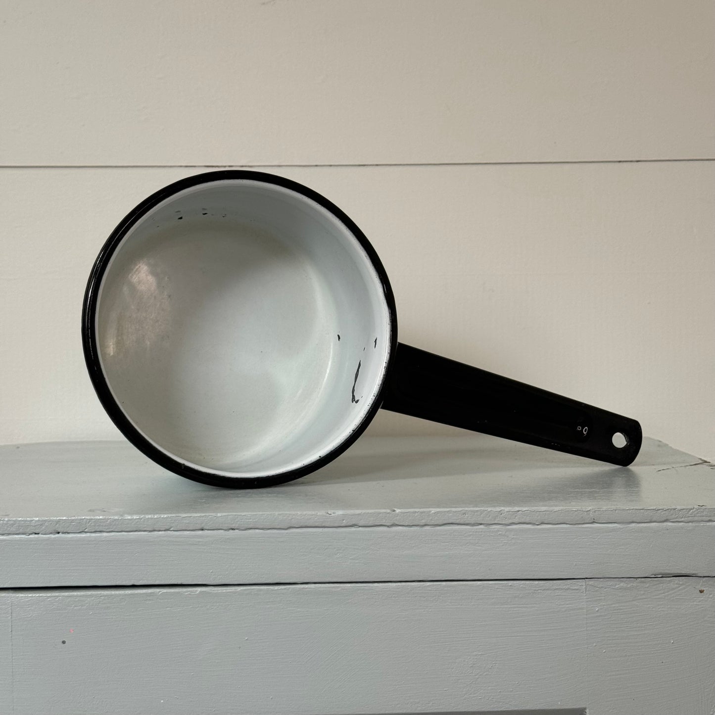 Vintage White and Black Enamel Pot